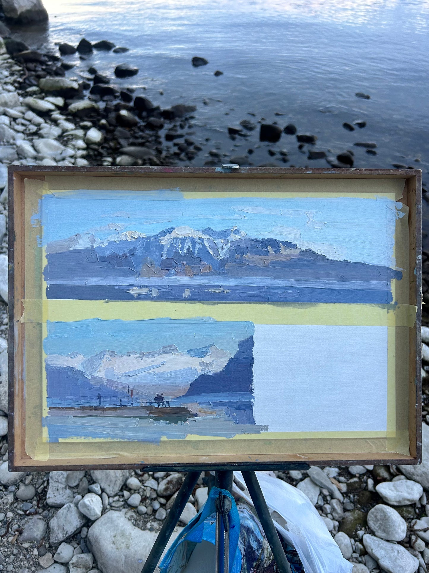 Sunset in Lutry and a couple on the bench. 19th March 2025. 11.5x21 cm.