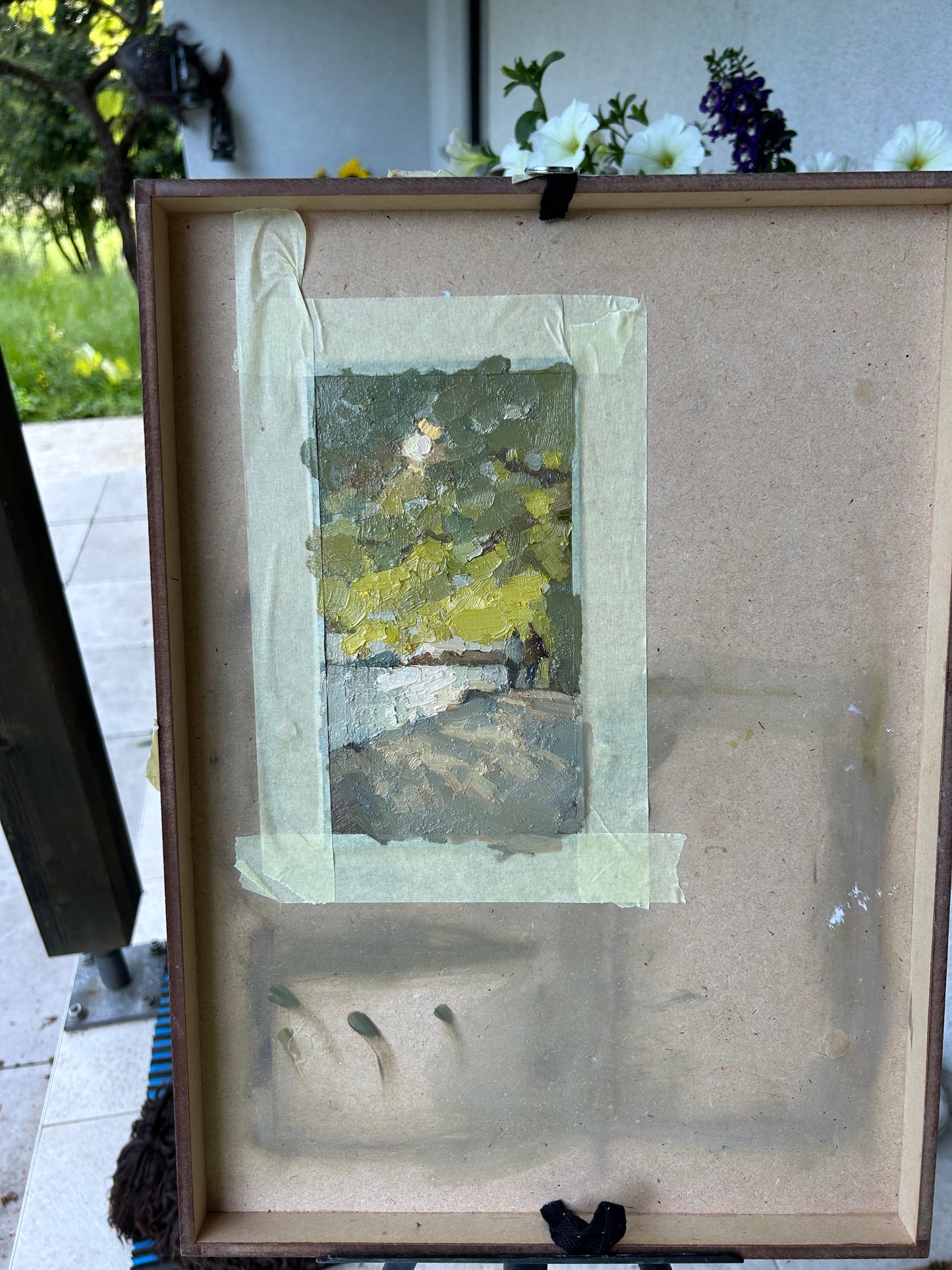 In the shade, along the lake, summer evening. Lutry port. 10x18cm