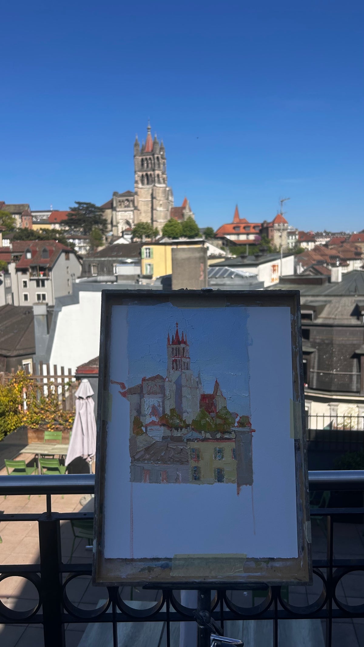 ! Cathedral de Lausanne. View from terrasse in Manor. 18x26 cm. 23.04.2026