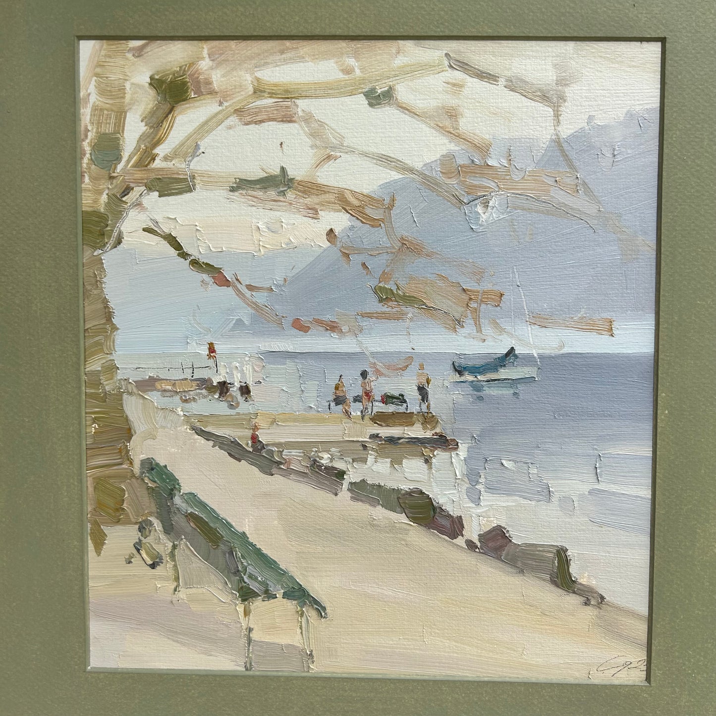 Cold bath in Lutry port in spring and with blue fog. 20 March 2025. 23x25.5 cm