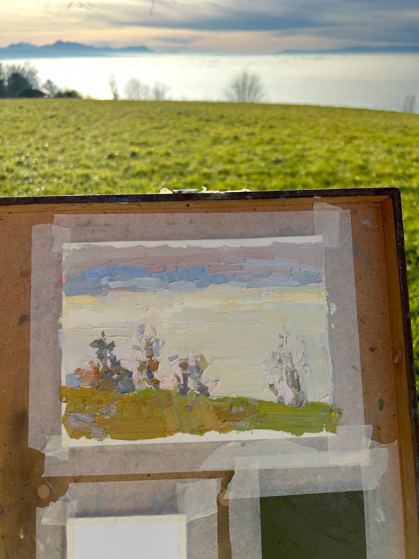 Winters yellow fog above Léman, from La Croix, Lutry. 17th December 2024. 13x18 cm