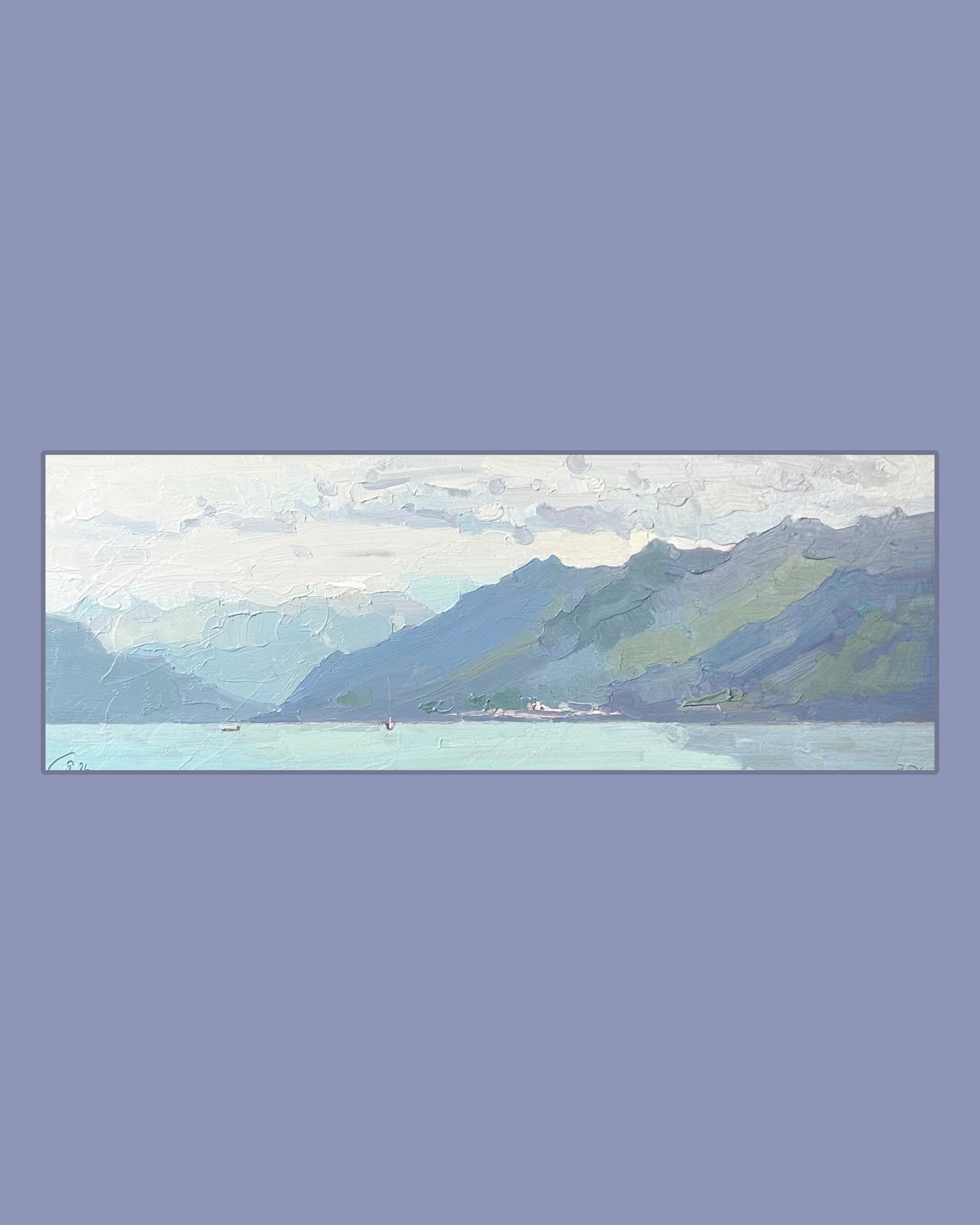 ! Léman in clouds. Bright blues in the Valley. 7.06.2026. 14.5x36.5 cm