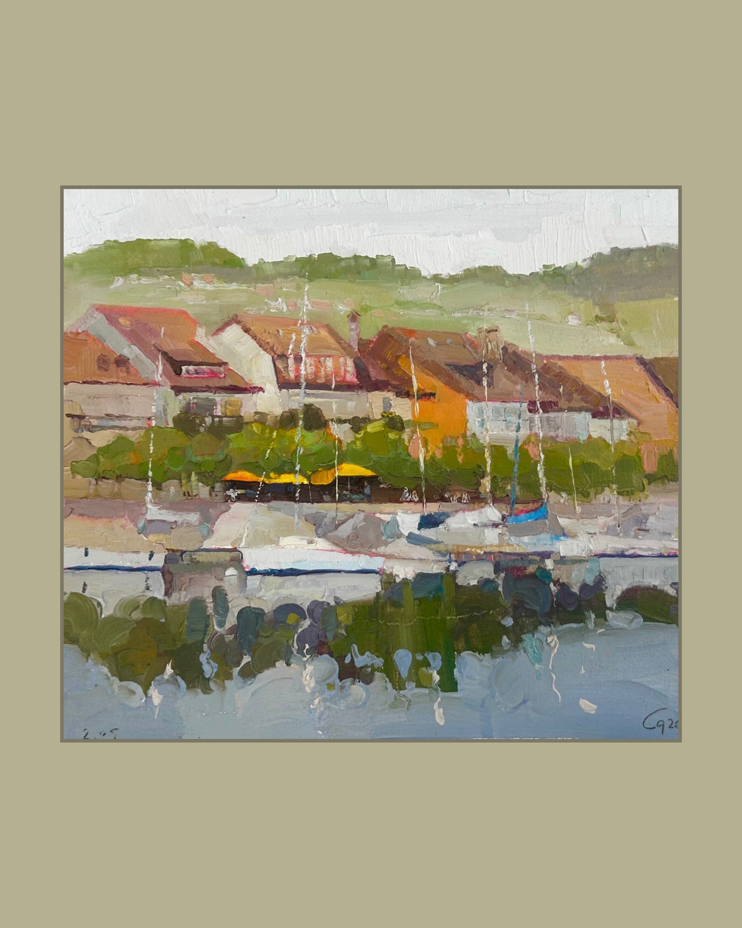 ! Umbrellas de Cafe De La Poste, from Lutry Port. 2.05.2026. 27x30 cm