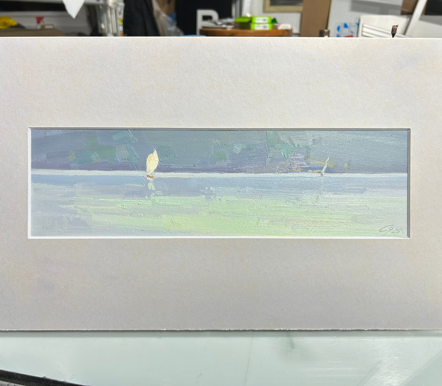 4th May 2025. Lutry Plage. Bright spots on the water. 10x36.5 cm.