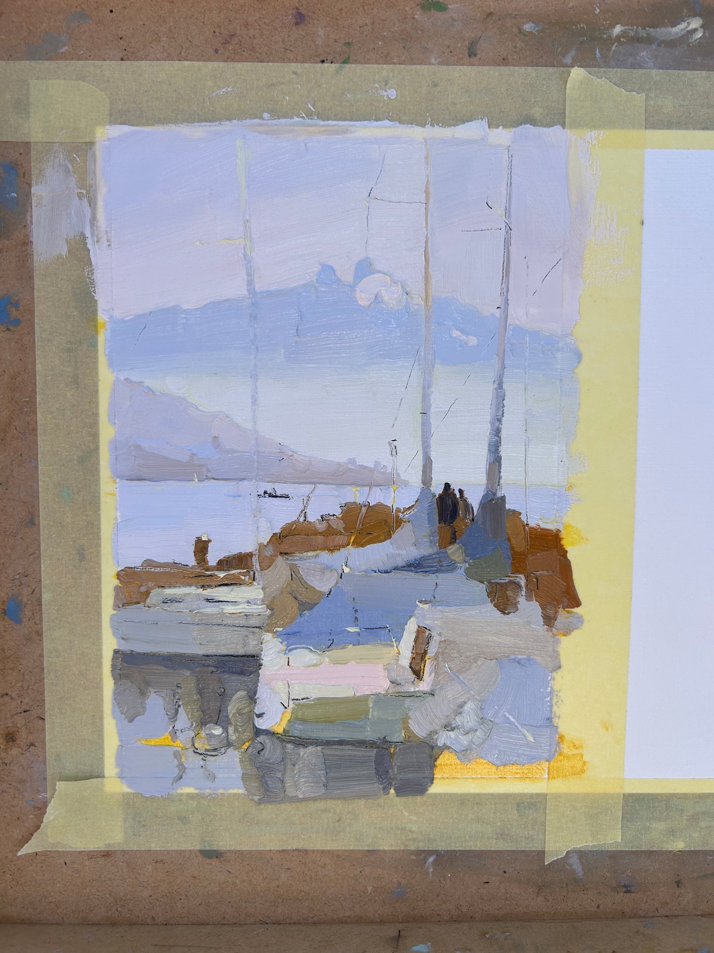 5th March 2025, Lutry port, fog and a couple. 13.5x20 cm