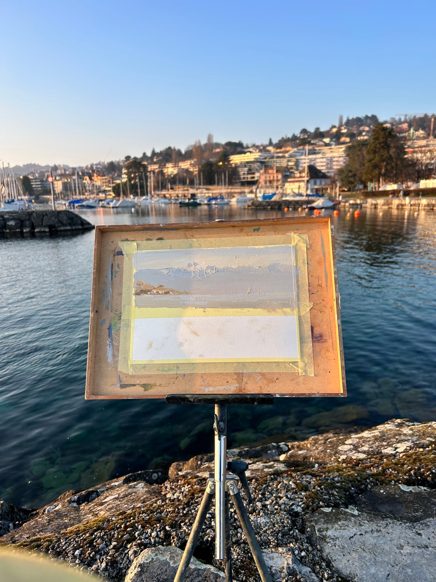 Mild light and fog in Lutry Port by February day. 4.02.2025. 9.5x19.5 cm