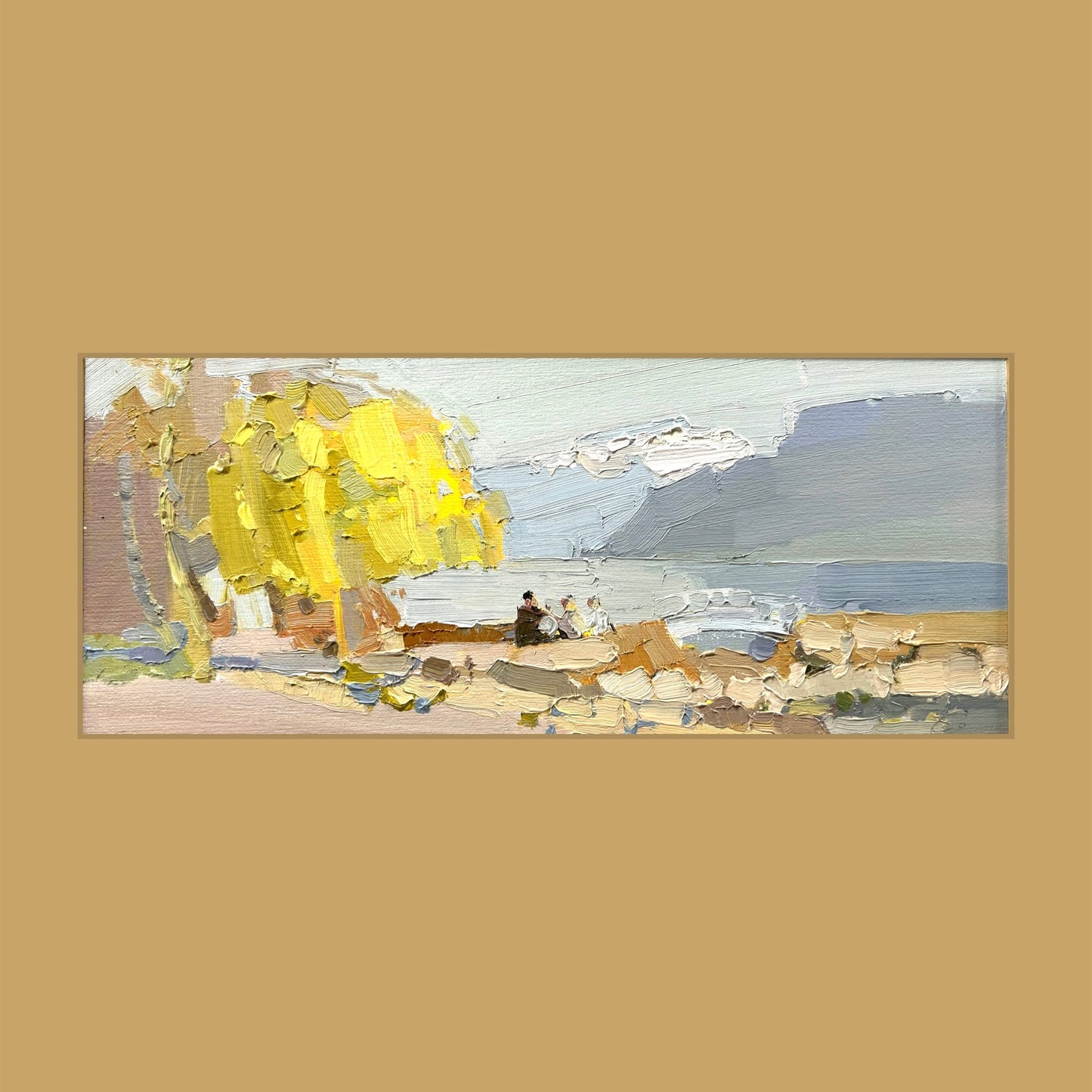 4 April 2025. People chilling with the first warm at evening. Lutry embarkment. 13x31.5 cm