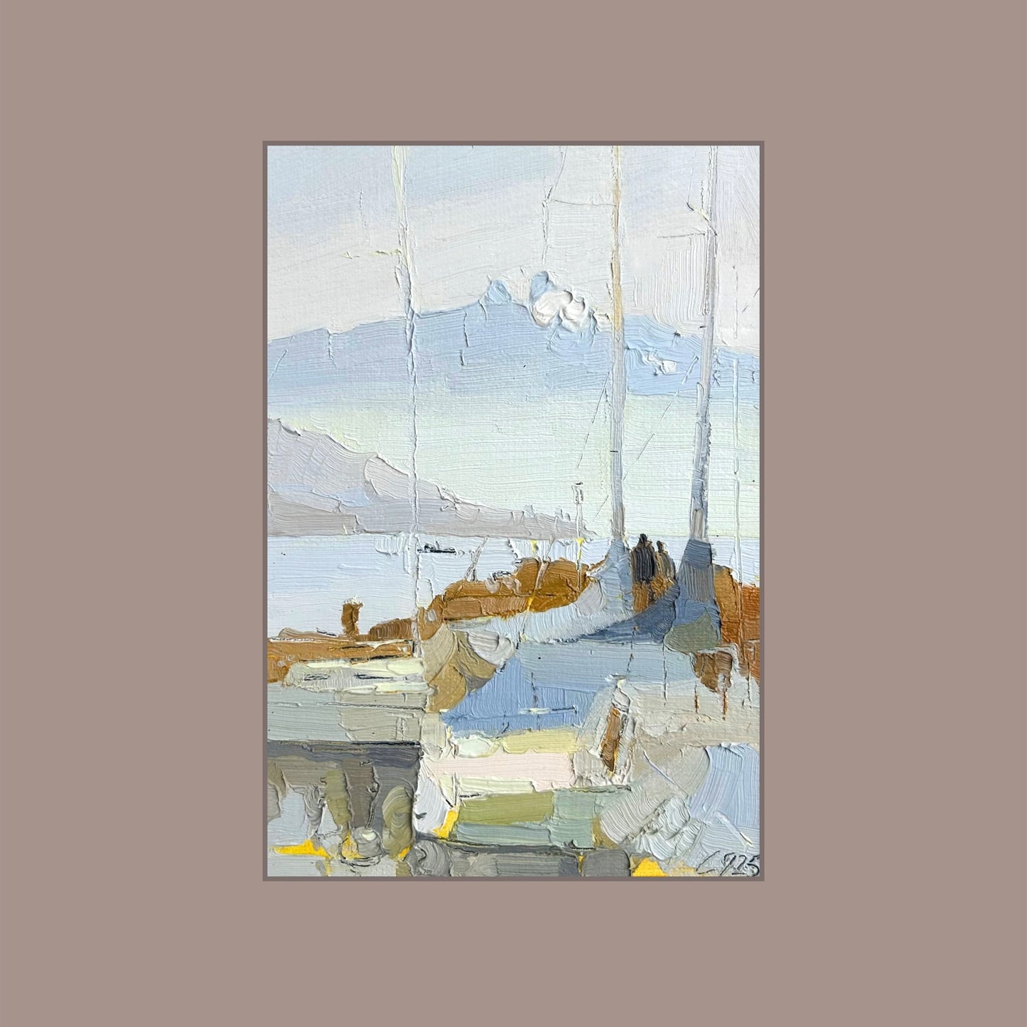 5th March 2025, Lutry port, fog and a couple. 13.5x20 cm
