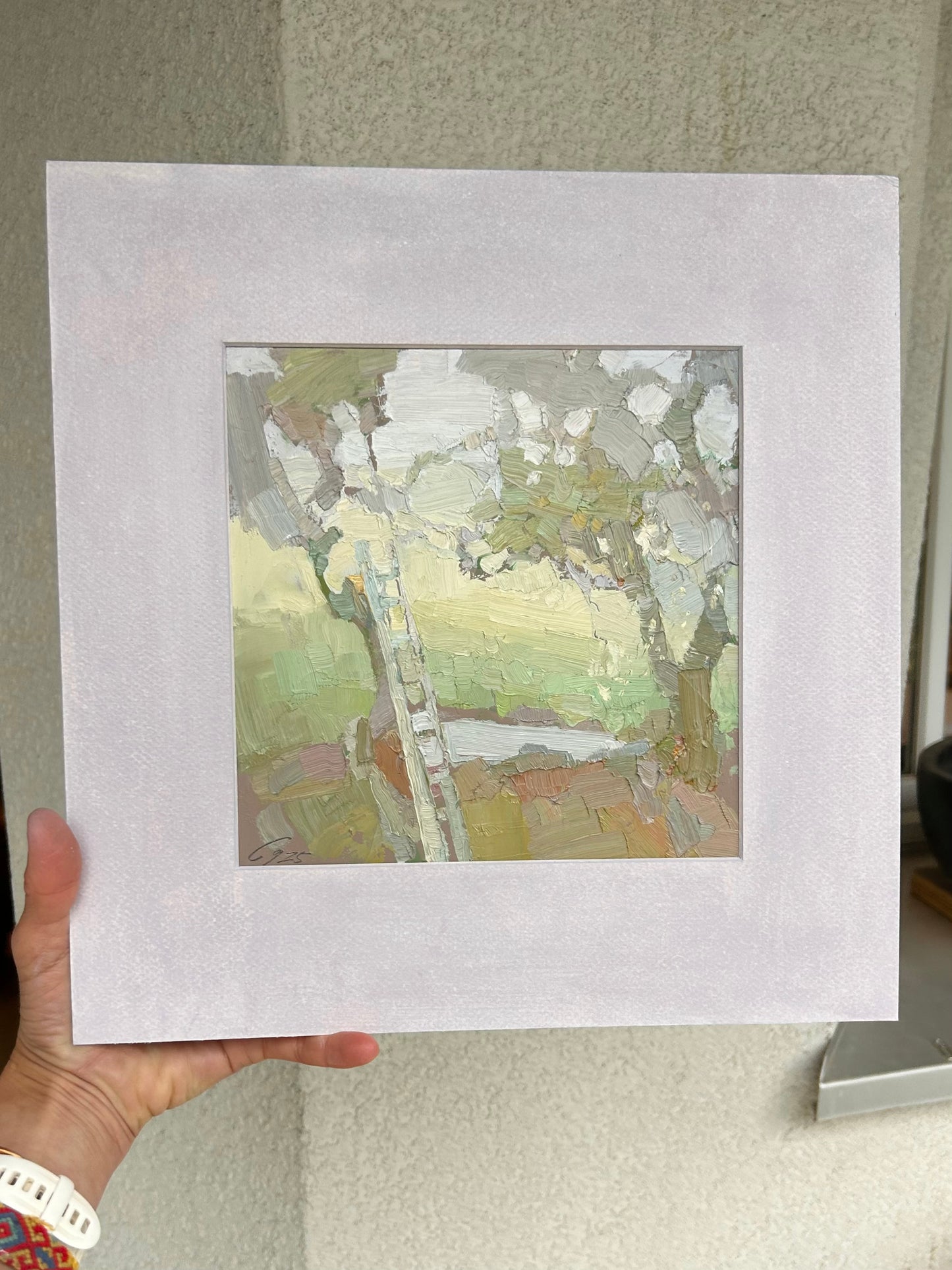 January 21, 2025. Garden in fog. La Croix. 19.5x19.5 cm