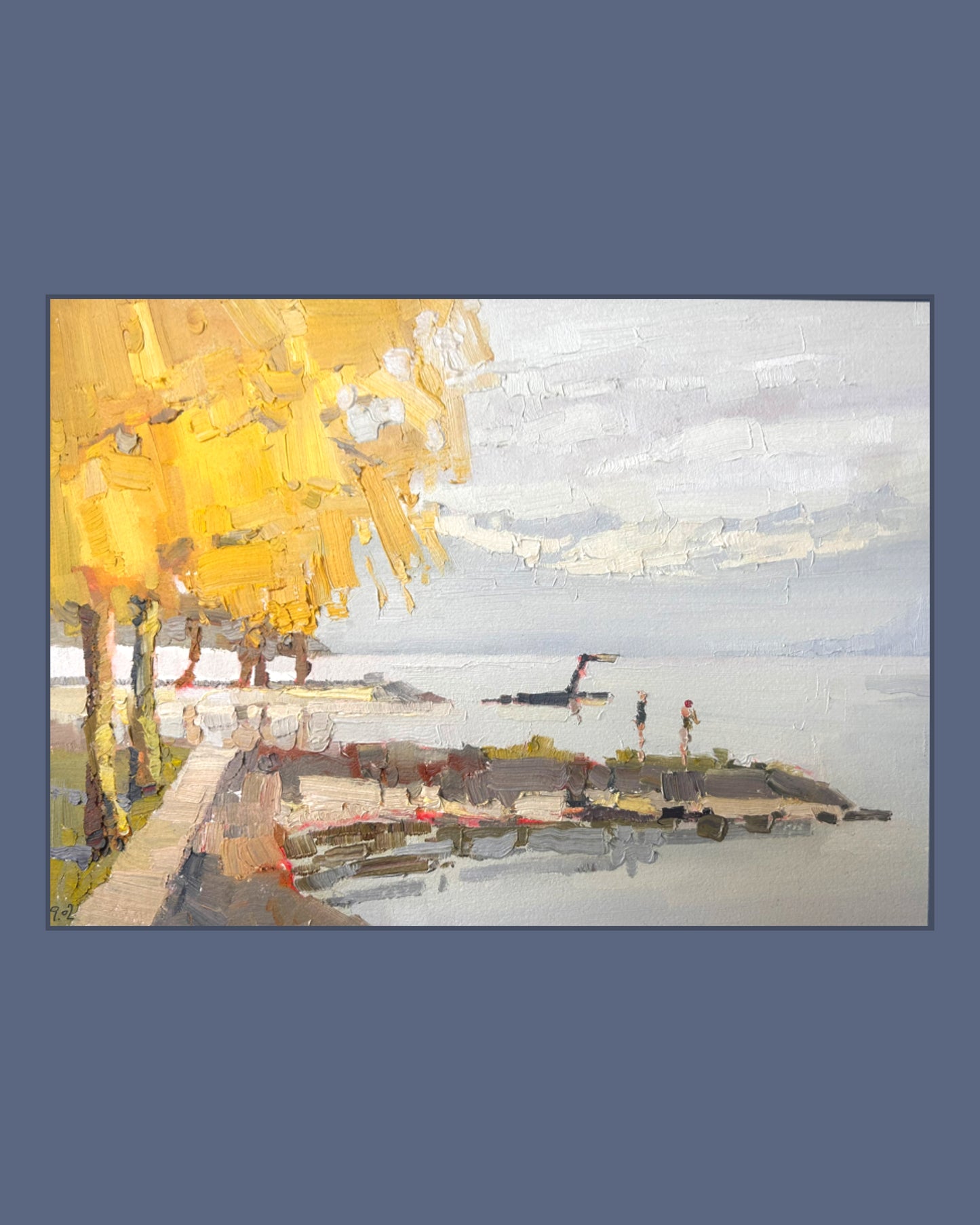 Kaltbad am Lutry-Strand im Februar. 09.02.2026. 26x36 cm. Vintage-Rahmen