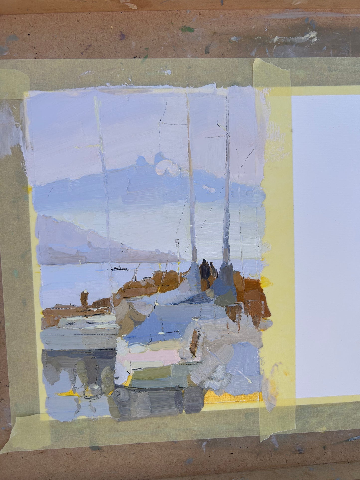 5th March 2025, Lutry port, fog and a couple. 13.5x20 cm