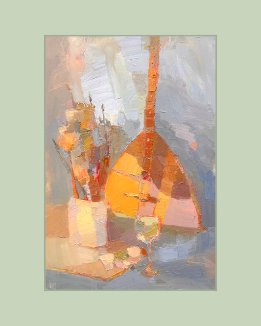 1st January still life. Balalaika, brushes and wine. 1.01.2025. 25x37 cm