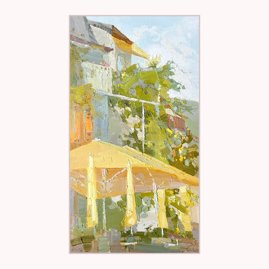 00 Cafe de la Poste. Lutry. Palm tree on the balcony. 10.06.2025. 20.5x36.5 cm