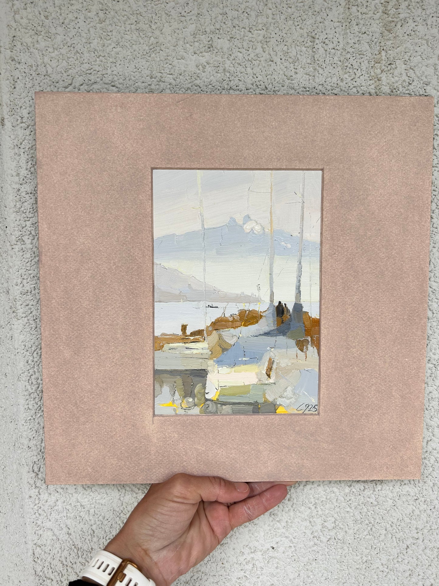 5th March 2025, Lutry port, fog and a couple. 13.5x20 cm