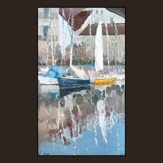 Blue and yellow boats in Lutry port in January, 21.01.2026. 16.5x27.5 cm