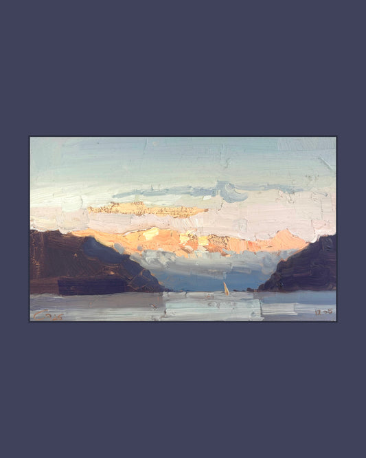 ! Sunset and mountains from Lutry in May. 12.05.2026. 14.5x24 cm