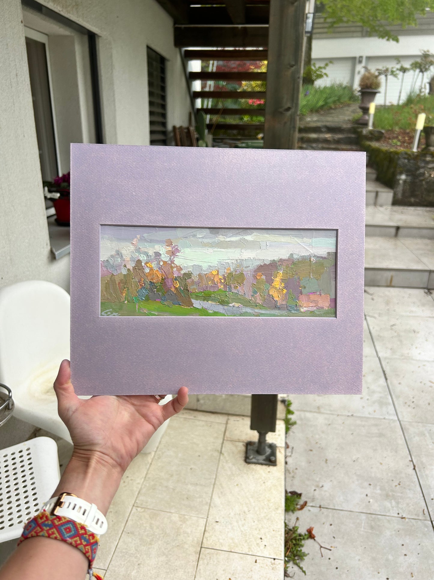 La Croix Lutry. 2nd December 2024. Hazy view to Léman. Bright grass. 9.5x26 cm.