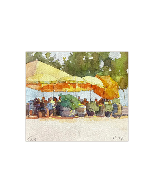 Yellow umbrellas, cafe de la Poste. 19.07.2026. 12x12 cm