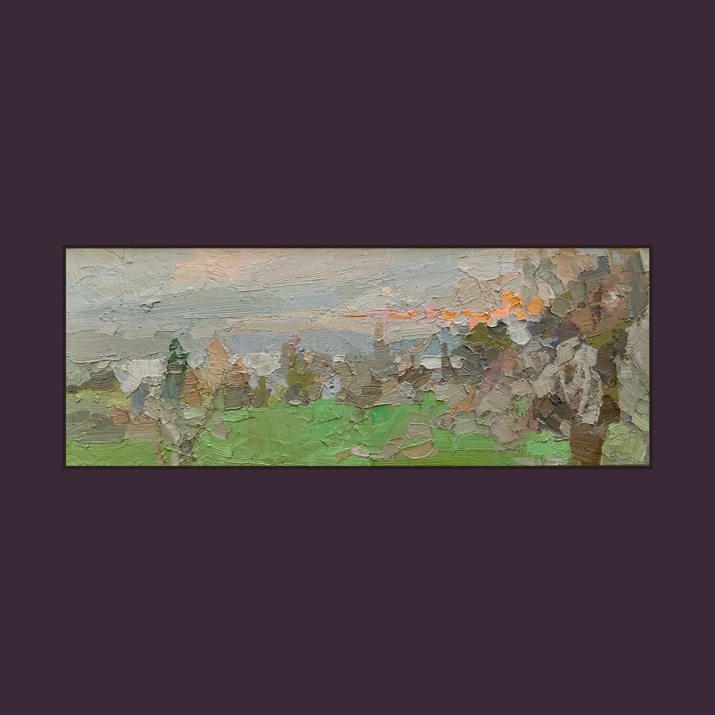 A tree with gray branches in the sunset fields. December. 10.5x28cm