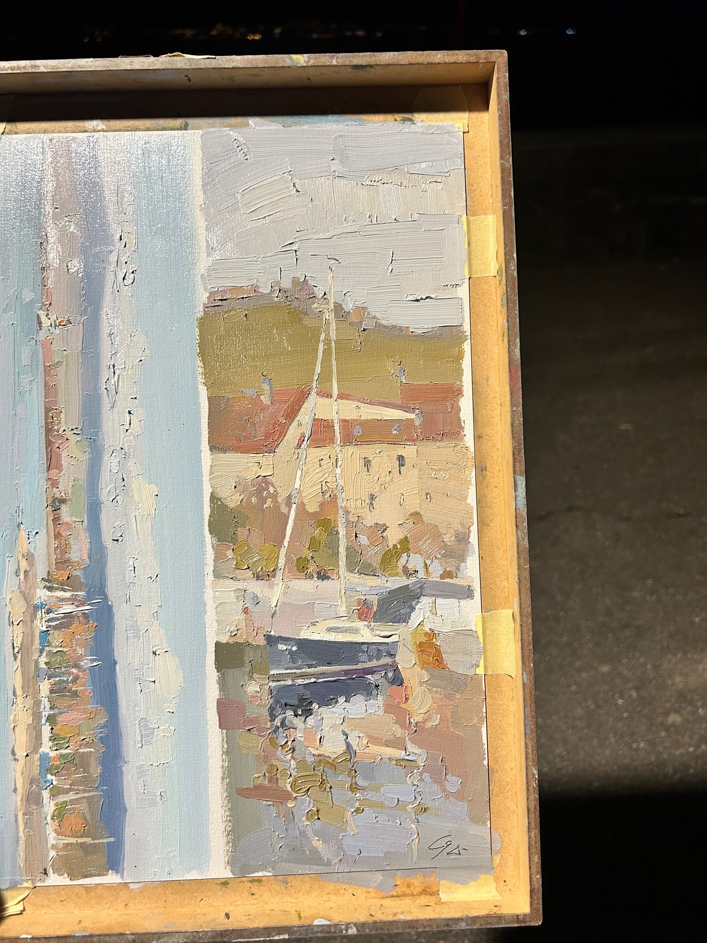 Blue boat in Lutry Port. 23rd March 2025. 12x37 cm