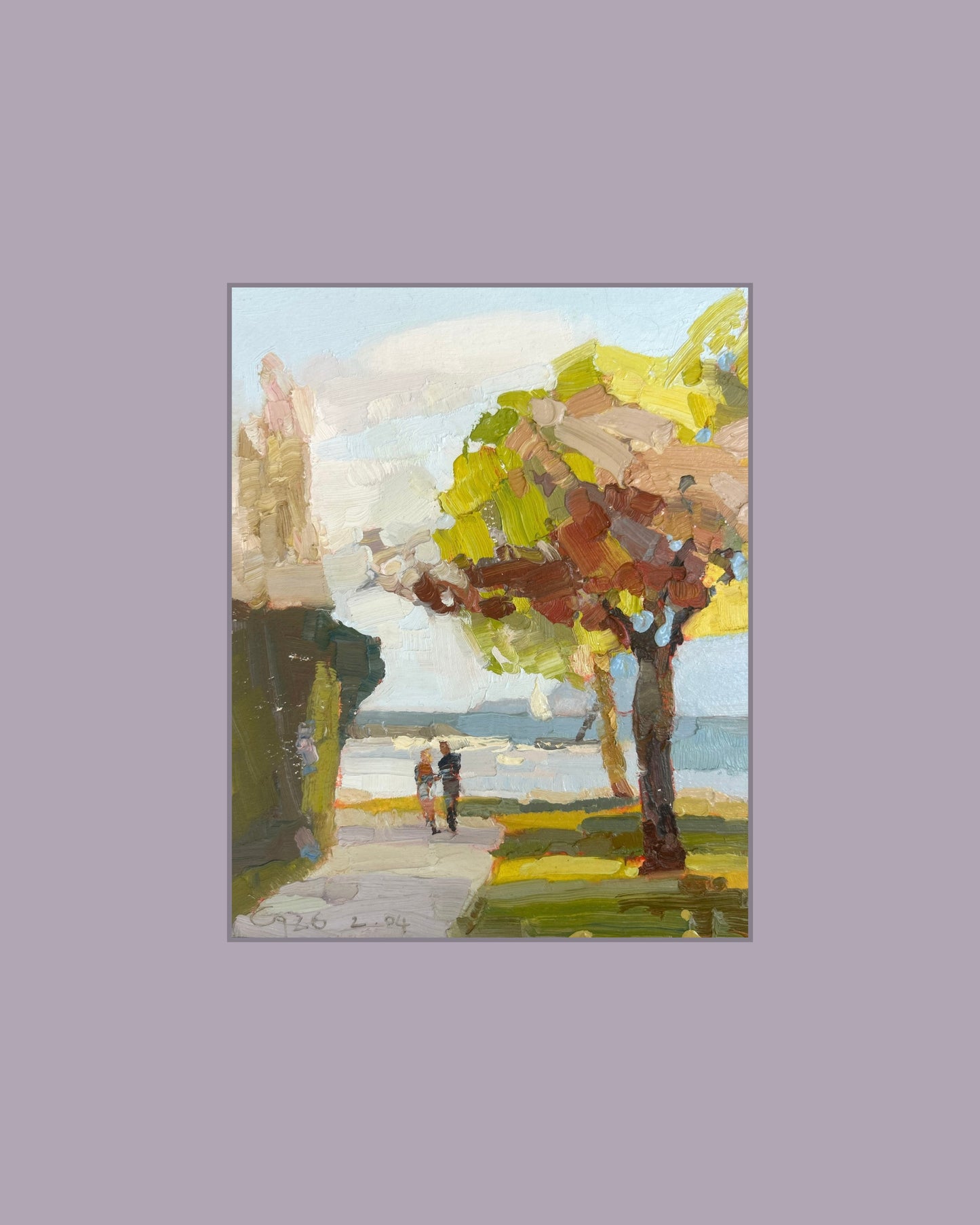! Lutry plage, 2 April 2026. Sunset light on the grass. 16x20 cm