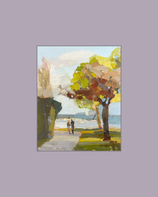 ! Lutry plage, 2 April 2026. Sunset light on the grass. 16x20 cm