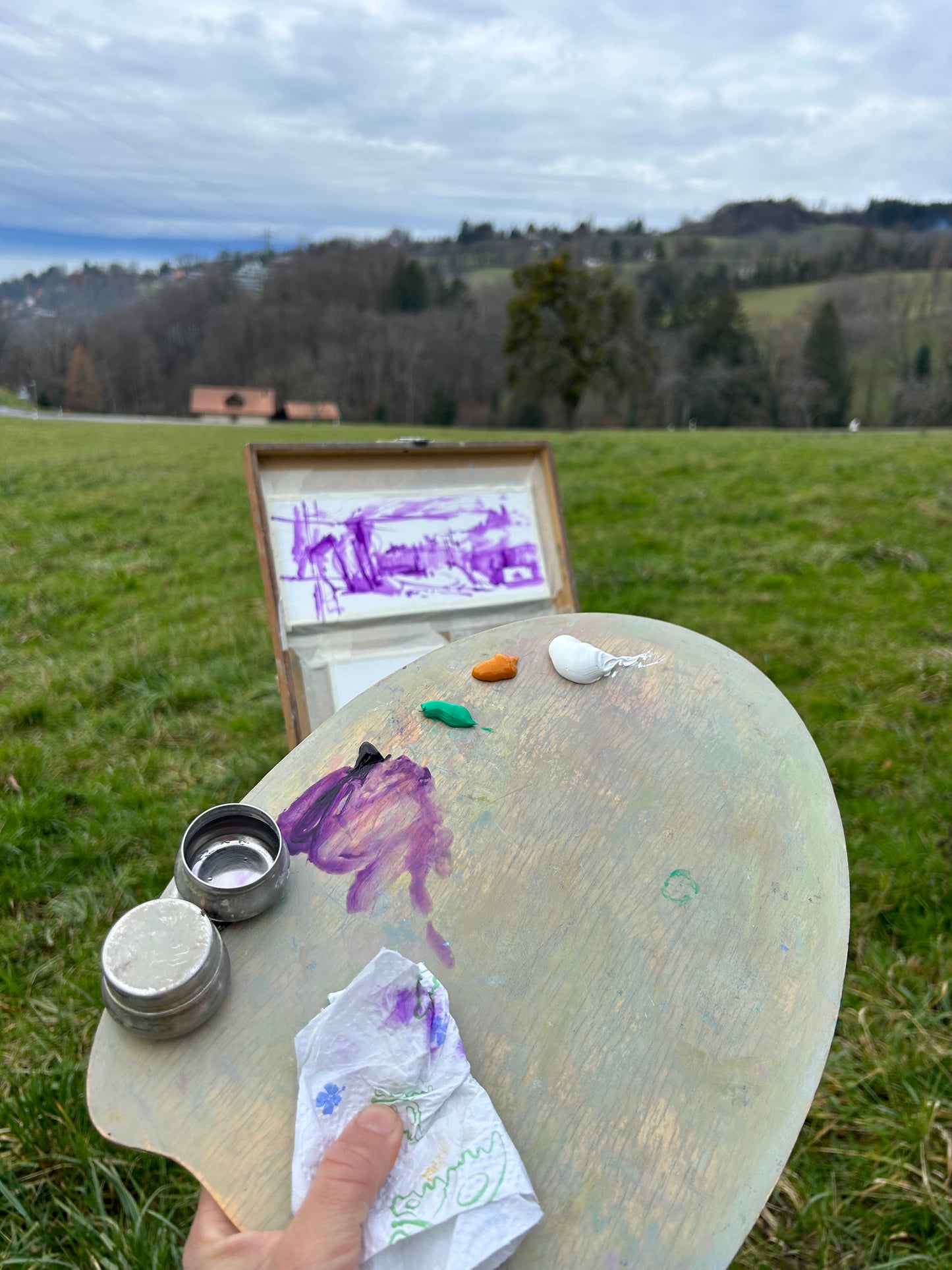 La Croix Lutry. 2nd December 2024. Hazy view to Léman. Bright grass. 9.5x26 cm.