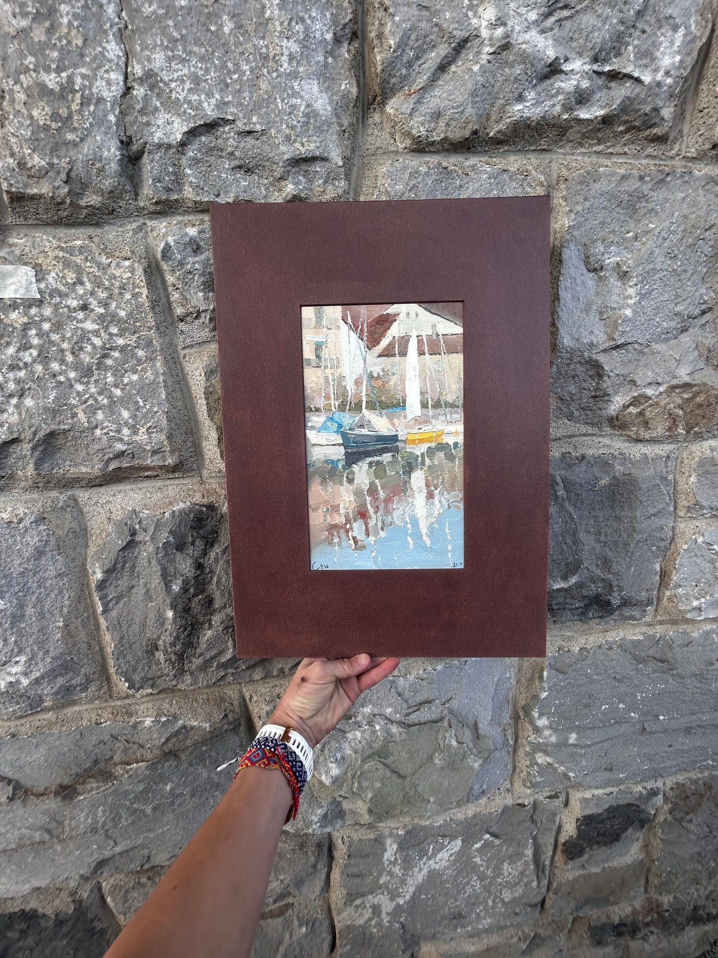 Blue and yellow boats in Lutry port in January, 21.01.2026. 16.5x27.5 cm