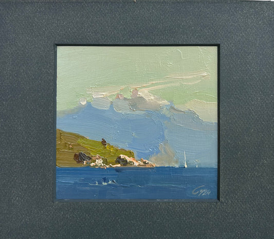 Minzfarbener Sonnenuntergang im Hafen von Lutry. September. 12x12,5cm