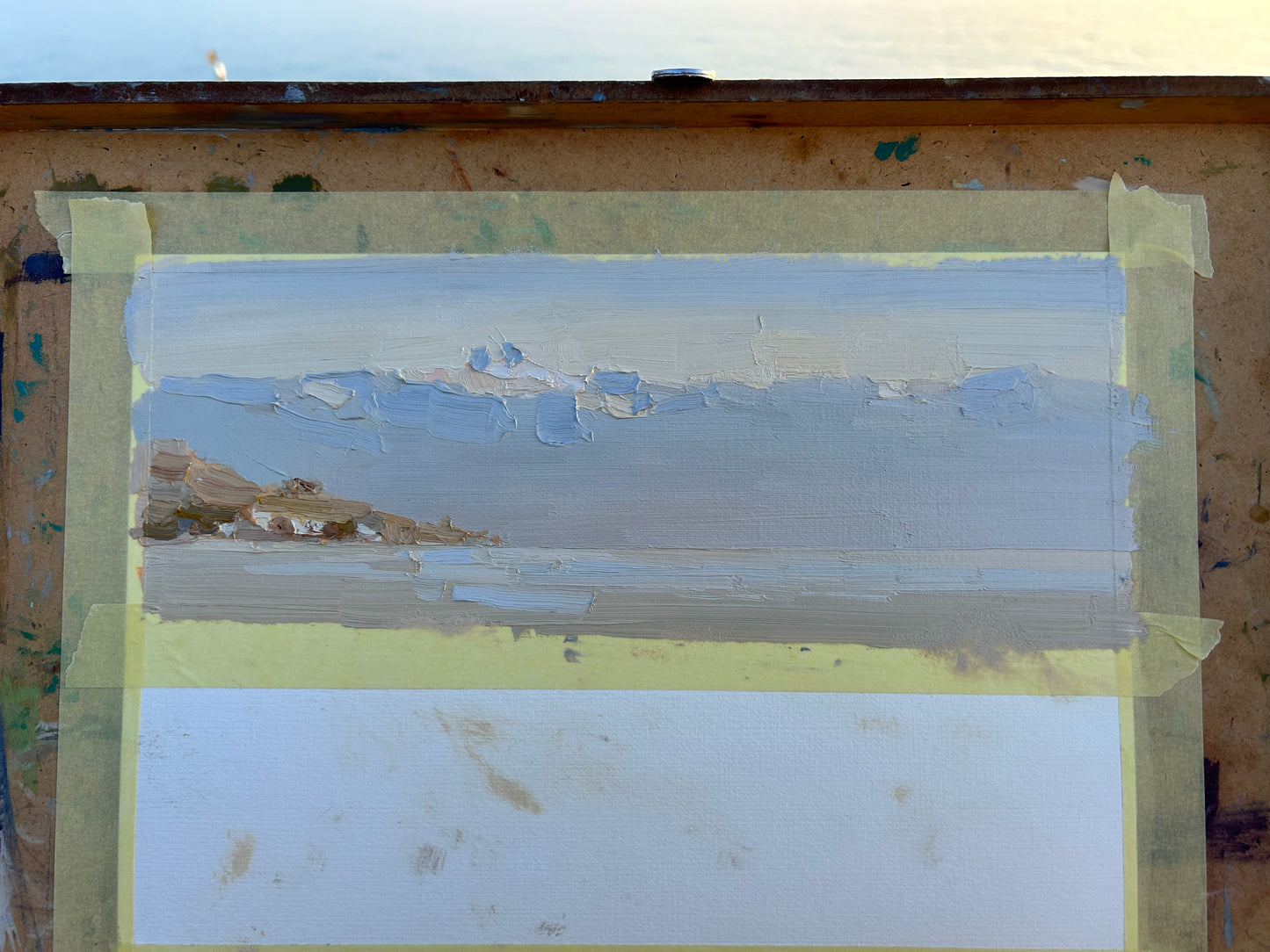 Mild light and fog in Lutry Port by February day. 4.02.2025. 9.5x19.5 cm