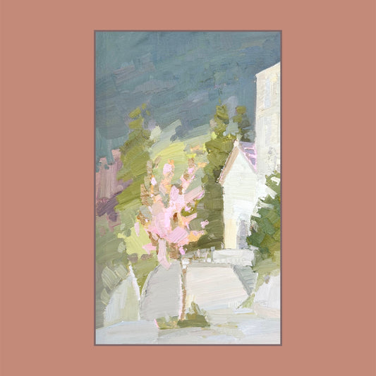Villars-sur-Ollon. Blooming tree in front of the Temple. 15.05.2025. 16x27cm