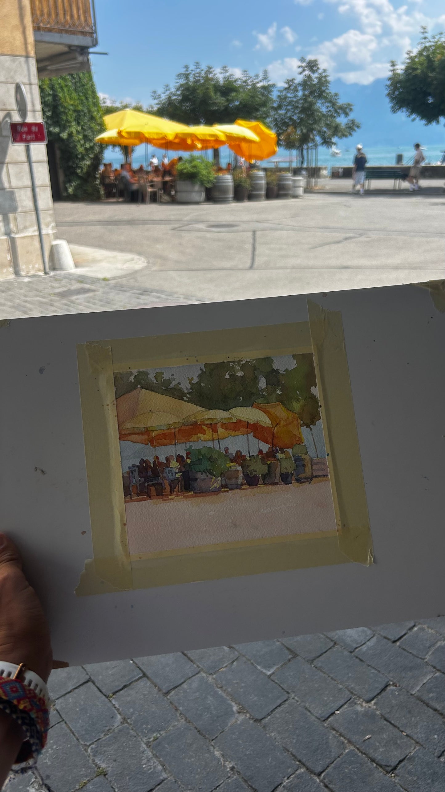 Yellow umbrellas, cafe de la Poste. 19.07.2026. 12x12 cm