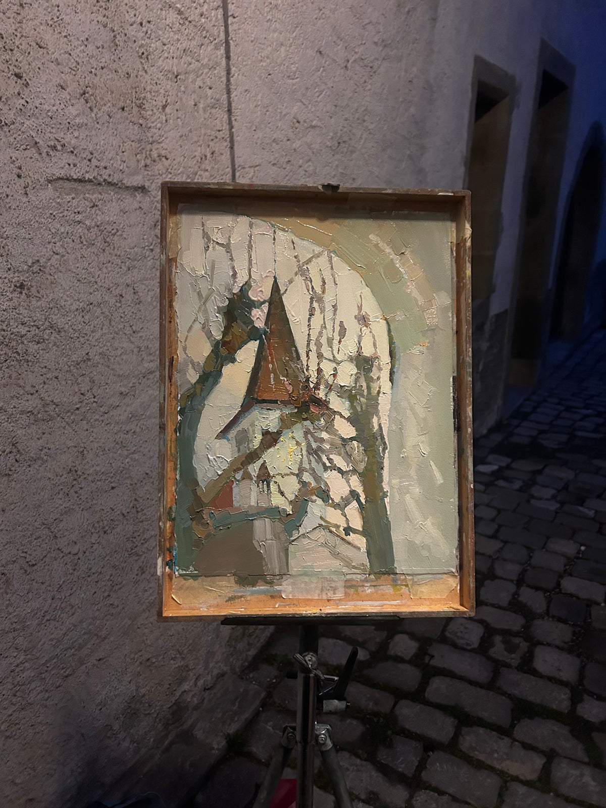 ! Lutry. Temple. Spring is coming. The arrows are blinking in the sunset light. 18.02.2026. 27x36 cm.