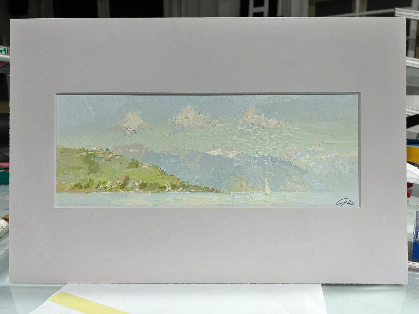 1st May 2025. 3 clouds in Lutry port. 13.5x36.5 cm