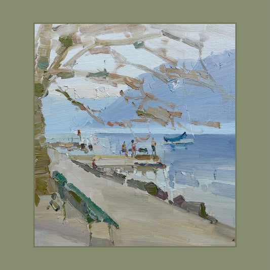 Cold bath in Lutry port in spring and with blue fog. 20 March 2025. 23x25.5 cm
