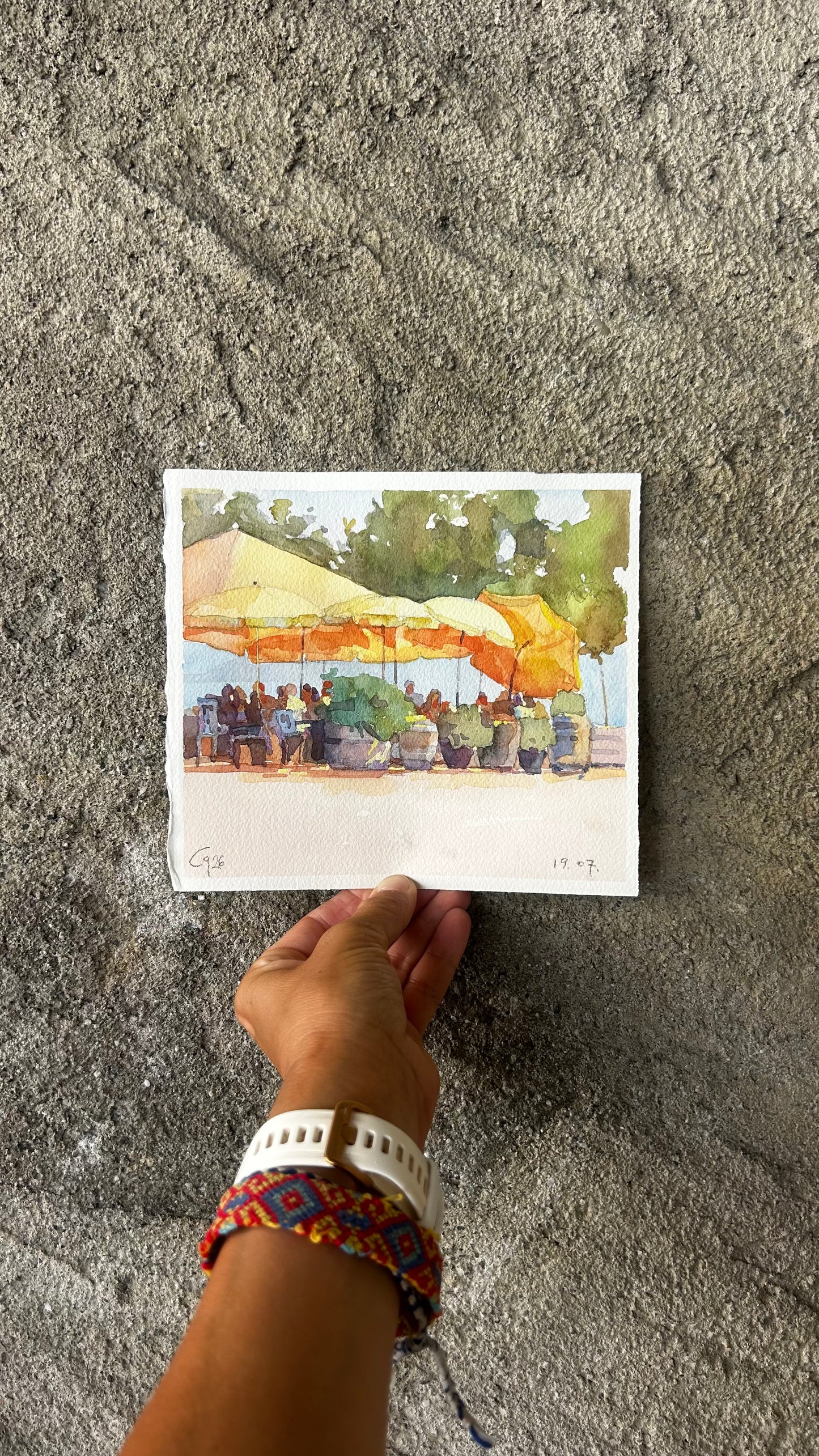 Yellow umbrellas, cafe de la Poste. 19.07.2026. 12x12 cm